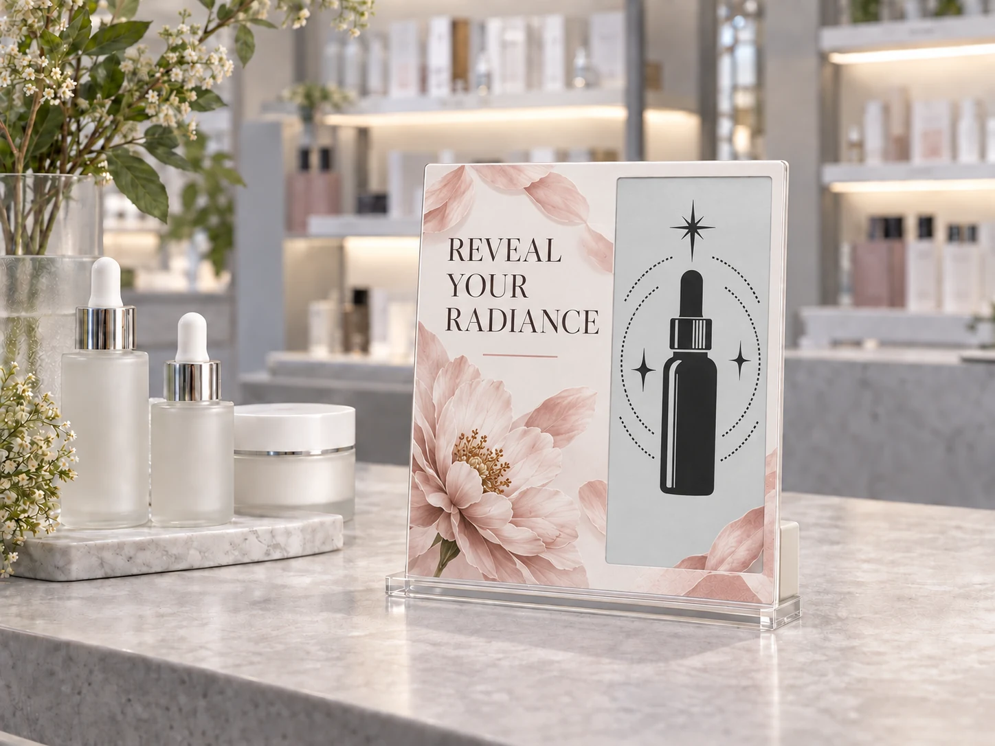 AI-generated concept of a beauty counter E-paper POP display with serum and radiance graphics