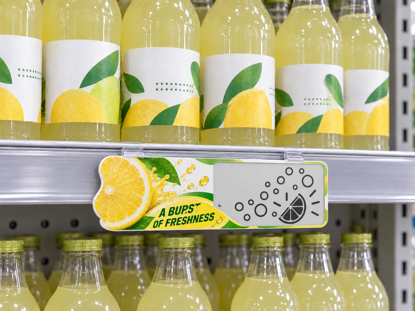 AI-generated concept of a citrus beverage E-paper shelf talker with bubble graphics