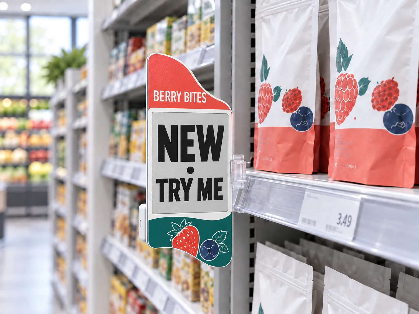 AI-generated concept of a shelf-mounted E-paper POP display with NEW and TRY ME promotion